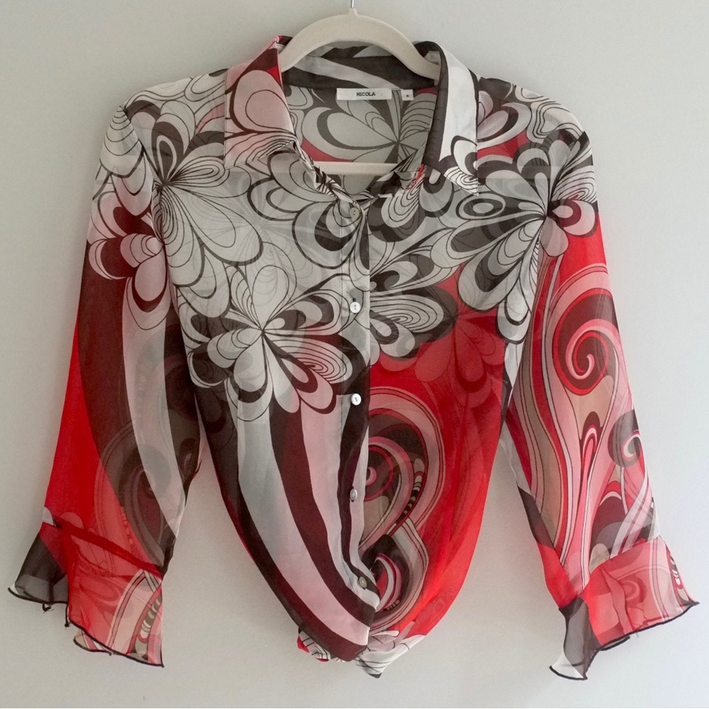 Nikola Red & Brown Paisley Sheer Button Up Polyester Shirt Small